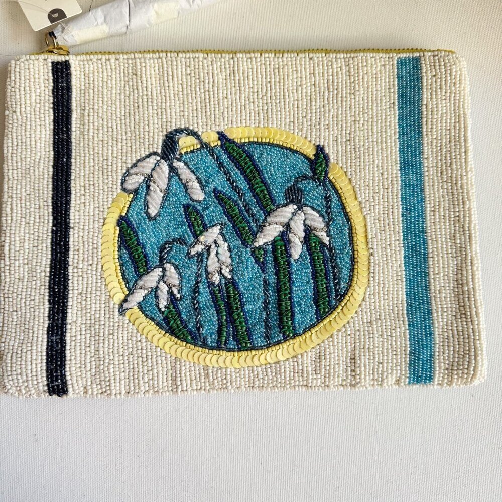 The Fiona Large Beaded Clutch Blue White Floral